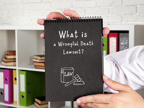 A person is holding a notebook with the handwritten question "What is a Wrongful Death Lawsuit?" alongside a simple drawing of a law book and a gavel. The background features a white shelf with various books and files.