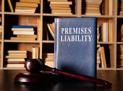 A blue book titled "Premises Liability" stands upright on a table next to a gavel, with a background of bookshelves filled with various books. The image represents legal concepts related to premises liability cases.